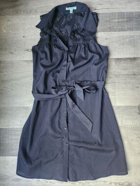 Sleeveless Eyelet Collar Shirt Dress with Waist Tie - Navy